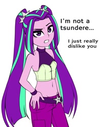 Size: 1100x1400 | Tagged: safe, artist:nekojackun, aria blaze, equestria girls, g4, adorasexy, aria flat, ariabetes, belly button, blatant lies, clothes, corset, cute, delicious flat chest, dialogue, eyelashes, eyeshadow, female, hand on hip, looking at you, makeup, midriff, pigtails, raised eyebrow, sexy, simple background, sleeveless, solo, stupid sexy aria blaze, talking to viewer, text, tsundaria, tsundere