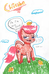 Size: 937x1420 | Tagged: safe, artist:mexicangirl12, scootaloo, bird, chicken, pegasus, pony, g4, cloud, cutie mark, female, filly, grass, inktober, inktober 2018, outdoors, scootachicken, the cmc's cutie marks, traditional art, wings