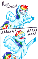 Size: 1000x1553 | Tagged: safe, artist:mexicangirl12, rainbow dash, pegasus, pony, g4, colored hooves, duo, female, inktober, inktober 2019, laughing, mare, open mouth, traditional art, wings
