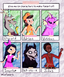 Size: 1828x2182 | Tagged: safe, artist:mexicangirl12, discord, draconequus, human, vaporeon, g4, bowtie, bust, clothes, crossover, dark skin, female, hat, mal0, phineas and ferb, pokémon, scp, scp-1471, shiny pokémon, six fanarts, smiling