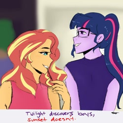 Size: 1080x1080 | Tagged: safe, artist:rapunzelights, sci-twi, sunset shimmer, twilight sparkle, equestria girls, g4, bust, clothes, duo, female, glasses, grin, lesbian, meme, ship:sci-twishimmer, ship:sunsetsparkle, shipping, smiling