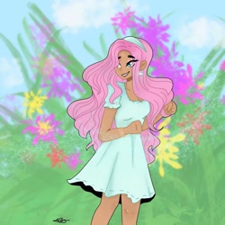 Size: 1080x1080 | Tagged: safe, artist:rapunzelights, fluttershy, human, g4, clothes, cloud, dark skin, dress, female, flower, humanized, signature, solo