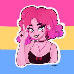 Size: 1080x1080 | Tagged: safe, artist:rapunzelights, pinkie pie, equestria girls, g4, breasts, bust, choker, cleavage, clothes, ear piercing, eyelashes, female, goth, grin, headcanon, jewelry, lipstick, nail polish, necklace, pansexual pride flag, peace sign, piercing, pride, pride flag, sexuality headcanon, smiling