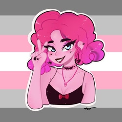 Size: 1080x1080 | Tagged: safe, alternate version, artist:rapunzelights, pinkie pie, equestria girls, g4, breasts, bust, choker, cleavage, clothes, demigirl pride flag, ear piercing, eyelashes, female, gender headcanon, goth, grin, headcanon, jewelry, lgbt headcanon, lipstick, nail polish, necklace, peace sign, piercing, pride, pride flag, smiling