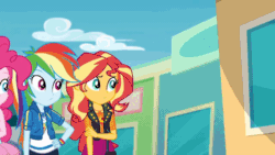 Size: 600x338 | Tagged: safe, screencap, applejack, fluttershy, pinkie pie, rainbow dash, rarity, sci-twi, sunset shimmer, twilight sparkle, vignette valencia, equestria girls, equestria girls series, equestria girls specials, g4, my little pony equestria girls: rollercoaster of friendship, animated, applejack is not amused, applejack's hat, belt, bowtie, bracelet, cellphone, clothes, cowboy hat, crossed arms, cute, cutie mark, cutie mark on clothes, dab, denim skirt, diapinkes, equestria land, geode of empathy, geode of fauna, geode of shielding, geode of sugar bombs, geode of super speed, geode of super strength, geode of telekinesis, gif, glasses, hairpin, hat, humane five, humane seven, humane six, jacket, jewelry, leather jacket, magical geodes, peace sign, phone, ponytail, rainbow dab, rarity peplum dress, sci-twiabetes, shimmerbetes, shyabetes, skirt, smartphone, tank top, twiabetes, unamused, wall of tags