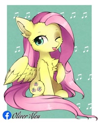 Size: 1080x1352 | Tagged: safe, alternate version, artist:aleurajan, fluttershy, pegasus, pony, :p, abstract background, chest fluff, cute, ear fluff, female, mare, one eye closed, raised hoof, shyabetes, sitting, smiling, solo, tongue out, wings, wink