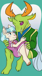 Size: 737x1330 | Tagged: safe, artist:dbkit, coco pommel, thorax, changedling, changeling, anthro, unguligrade anthro, g4, commission, duo, female, king thorax, male, ship:thommel, shipping, straight