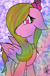 Size: 1080x1632 | Tagged: safe, artist:aquabright0219, oc, oc only, pegasus, pony, abstract background, bow, eyelashes, hair bow, jewelry, necklace, pegasus oc, signature, solo, wings