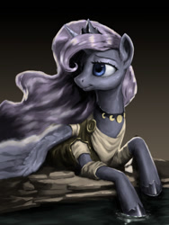 Size: 1080x1440 | Tagged: dead source, safe, artist:robinrain8, princess luna, alicorn, pony, g4, clothes, dress, female, hoof shoes, jewelry, looking at something, lying down, mare, necklace, pond, prone, redraw, rock, simple background, solo, style emulation, water, windswept mane
