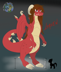 Size: 2455x2872 | Tagged: safe, artist:shappy the lamia, oc, oc only, oc:lorien, dragon, earth pony, pony, reptile, blood, claws, danger, dragon horns, dragon tail, dragoness, fangs, female, high res, horn, scales, size difference, solo, spanish, wings