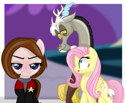 Size: 1920x1559 | Tagged: safe, artist:grapefruitface1, discord, fluttershy, draconequus, earth pony, pegasus, pony, g4, base used, crossover, disqord, distracted boyfriend meme, female, kathryn janeway, looking at butt, male, pervert, ponified, q, ship:discoshy, shipping, show accurate, star trek, star trek: voyager, straight, vector used, voice actor joke