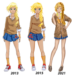 Size: 3969x4092 | Tagged: safe, artist:erim-kawamori, applejack, human, g4, 2013, 2015, 2021, alternate hairstyle, anime, clothes, comparison, converse, female, flats, humanized, school uniform, schoolgirl, shirt, shoes, simple background, socks, solo, sweatband, sweater, transparent background