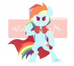 Size: 2000x1778 | Tagged: dead source, safe, artist:yaco, rainbow dash, pegasus, pony, g4, bipedal, cape, clothes, female, grin, mare, raised hoof, smiling, solo