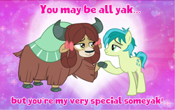 Size: 4600x2900 | Tagged: safe, artist:andoanimalia, sandbar, yona, earth pony, pony, yak, g4, complex background, duo, duo male and female, female, heart, hearts and hooves day, larger female, looking at each other, looking at someone, male, ship:yonabar, shipping, size difference, smaller male, straight