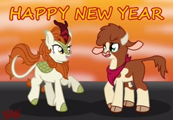 Size: 2348x1625 | Tagged: safe, artist:banquo0, arizona (tfh), autumn blaze, cow, kirin, them's fightin' herds, g4, bandana, chinese new year, cloven hooves, community related, duo, female, horn, neckerchief, open mouth, raised hoof, year of the ox