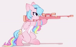 Size: 2026x1268 | Tagged: safe, artist:little-sketches, oc, oc only, oc:misha, pegasus, pony, bow, bullpup rifle, choker, commission, female, focused, gun, looking ahead, mare, pale belly, rifle, simple background, sniper, solo, tail bow, two toned wings, weapon, white belly, wings