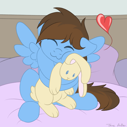 Size: 3500x3500 | Tagged: safe, artist:jane-ander, oc, oc only, oc:pegasusgamer, pegasus, pony, rabbit, :3, animal, bed, colored, cuddling, eyes closed, flat colors, floating heart, heart, high res, hug, plushie, sitting, wings