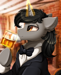Size: 1446x1764 | Tagged: safe, artist:pridark, oc, oc only, oc:darius, pony, unicorn, alcohol, black hair, bust, clothes, commission, drink, glass, handsome, magic, male, necktie, portrait, smiling, solo, suit, telekinesis, whiskey