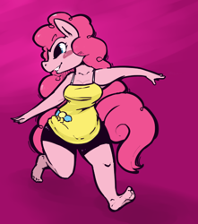 Size: 436x494 | Tagged: safe, artist:leadshoes, pinkie pie, earth pony, anthro, plantigrade anthro, g4, barefoot, blushing, breasts, busty pinkie pie, cleavage, clothes, cutie mark, cutie mark on clothes, feet, female, grin, mare, shorts, smiling, solo, tank top