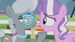 Size: 1280x720 | Tagged: safe, edit, edited screencap, editor:i-shooped-a-pwny, screencap, diamond tiara, silver spoon, crusaders of the lost mark, g4, alternate cutie mark, food, force feeding, hot dog, hot dog and bun, meat, ponies eating meat, sausage, why