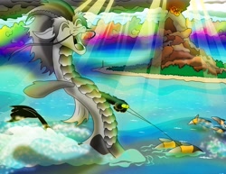 Size: 3300x2550 | Tagged: safe, artist:arkolo, oc, oc:golden spoon, dolphin, draconequus, fanfic:chrysalis wins, fanfic art, high res, waterskiing