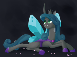 Size: 2300x1700 | Tagged: safe, artist:biocrine, queen chrysalis, changeling, changeling queen, g4, crown, female, heart eyes, hearts and hooves day, holiday, jewelry, mirror universe, regalia, reversalis, simple background, valentine's day, wingding eyes