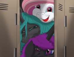 Size: 3300x2550 | Tagged: safe, artist:arkolo, queen chrysalis, oc, oc:king specter, oc:love, changeling, draconequus, fanfic:chrysalis wins, g4, fanfic art, high res, lockers, purple changeling, squished face