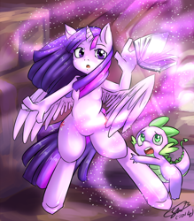 Size: 600x685 | Tagged: safe, artist:soina, spike, twilight sparkle, alicorn, dragon, anthro, unguligrade anthro, g4, book, duo, magic, twilight sparkle (alicorn)