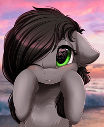 Size: 1446x1764 | Tagged: safe, artist:pridark, oc, oc only, oc:vyden, earth pony, pony, beach, blushing, bust, commission, eye reflection, floppy ears, green eyes, looking at you, ocean, one eye closed, palm tree, portrait, reflection, sand, solo, tree, wink