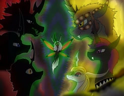 Size: 3300x2550 | Tagged: safe, artist:arkolo, oc, oc:king armor, oc:king hubris, oc:king nihilis, oc:king specter, oc:king utilitarian, oc:queen monarch, oc:queen more, changeling, fanfic:chrysalis wins, fanfic art, high res, memory, purple changeling