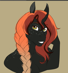 Size: 778x841 | Tagged: safe, artist:askbubblelee, oc, oc only, oc:bubble lee, unicorn, anthro, anthro oc, curved horn, digital art, female, freckles, grin, horn, inverted colors, mare, simple background, smiling, solo, unicorn oc