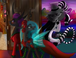 Size: 3300x2550 | Tagged: safe, artist:arkolo, queen chrysalis, oc, oc:king specter, oc:mayham, changeling, draconequus, fanfic:chrysalis wins, g4, clothes, dress, fanfic art, high res, purple changeling, suit