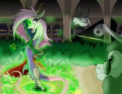 Size: 3300x2553 | Tagged: safe, artist:arkolo, queen chrysalis, oc, oc:anarchy, oc:mayham, changeling, draconequus, fanfic:chrysalis wins, g4, cape, clothes, fanfic art, high res, transformation