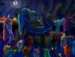 Size: 3300x2550 | Tagged: safe, artist:arkolo, queen chrysalis, oc, oc:king specter, oc:love, changeling, draconequus, fanfic:chrysalis wins, g4, cheering, crowd, crowd surfing, fanfic art, grin, high res, nervous, nervous smile, ocean, purple changeling, smiling, wet, wet mane