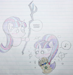 Size: 2160x2230 | Tagged: safe, artist:tiga mega, starlight glimmer, pony, unicorn, g4, equal cutie mark, high res, infinity gauntlet, lined paper, solo, staff, staff of sacanas, traditional art