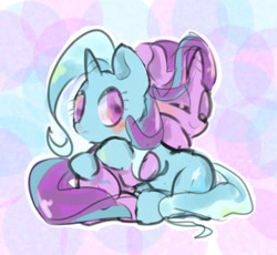 Size: 836x768 | Tagged: safe, artist:pnpn_721, starlight glimmer, trixie, pony, unicorn, abstract background, blushing, duo, eyes closed, female, hug, mare