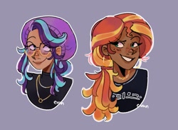 Size: 1375x1000 | Tagged: safe, artist:enbykeqing, starlight glimmer, sunset shimmer, human, g4, accessory, beanie, bust, clothes, dark skin, glasses, hat, humanized, moderate dark skin