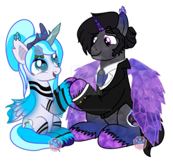 Size: 1280x1190 | Tagged: safe, artist:lovinglypromise, oc, oc only, oc:aki, oc:gladius, crystal pony, crown, crystal horn, crystal wings, female, fishnet stockings, horn, jewelry, male, mare, regalia, simple background, stallion, transparent background, wings