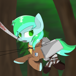 Size: 2449x2449 | Tagged: safe, artist:sharkdoggo, oc, oc only, oc:starshine, earth pony, pony, 3d maneuver gear, attack on titan, clothes, earth pony oc, high res, mouth hold, outdoors, solo, sword, weapon