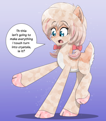 Size: 2900x3300 | Tagged: safe, artist:aarondrawsarts, oc, oc only, oc:daisy cakes, crystal pony, deer, deer pony, original species, cloven hooves, commission, deer tail, dialogue, doe, female, high res