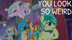 Size: 1920x1080 | Tagged: safe, edit, edited screencap, editor:quoterific, screencap, gallus, ocellus, sandbar, silverstream, smolder, changeling, dragon, earth pony, griffon, hippogriff, pony, g4, she's all yak, about to laugh, bowtie, dragoness, faic, female, hypocritical humor, open mouth, pointing, school of friendship, wavy mouth, you look so weird