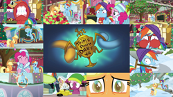 Size: 1968x1109 | Tagged: safe, edit, edited screencap, editor:quoterific, screencap, applejack, cheerilee, cherry cola, cherry fizzy, granny smith, pinkie pie, rainbow dash, tender brush, winter lotus, earth pony, pegasus, pony, g4, hearth's warming shorts, triple pony dare ya, apple, apple tree, bipedal, biting, bits, clothes, compilation, cowboy hat, desperation, duo, duo female, eyes closed, female, flying, food, funny, giggling, gritted teeth, hat, hatless, missing accessory, nose in the air, open mouth, rage, red face, scarf, school of friendship, shovel, sweat, sweater, tree, trio, trio female, wing bite, winter hat, winter outfit