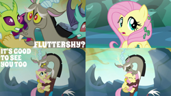 Size: 1986x1117 | Tagged: safe, edit, edited screencap, editor:quoterific, screencap, cornicle, discord, fluttershy, lokiax, changedling, changeling, draconequus, pegasus, pony, g4, to where and back again, blushing, duo, eyes closed, female, hug, male, open mouth, surprised, teeth, trio, trio male