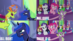 Size: 1986x1117 | Tagged: safe, edit, edited screencap, editor:quoterific, screencap, pinkie pie, princess cadance, princess luna, rarity, shining armor, spike, thorax, alicorn, changedling, changeling, dragon, earth pony, pony, unicorn, celestial advice, g4, angry, duo, female, flower, king thorax, male, one eye closed, open mouth, raised hooves, teeth, tongue out