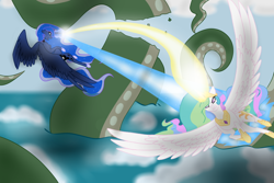 Size: 1000x667 | Tagged: safe, artist:dangel-demon, princess celestia, princess luna, pony, g4, blast, flying, magic, magic blast, tentacles