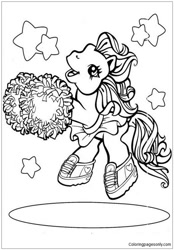 Size: 586x841 | Tagged: safe, earth pony, pony, g3, official, cheerleader, clothes, coloring book, coloring page, dancing, jumping, monochrome, pom pom, shoes, skirt, sneakers, solo, stars