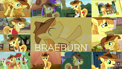 Size: 1974x1111 | Tagged: safe, edit, edited screencap, editor:quoterific, screencap, applejack, babs seed, braeburn, candy apples, cherry berry, florina tart, goldengrape, jonagold, lucky clover, marmalade jalapeno popette, sir colton vines iii, wensley, earth pony, pony, apple family reunion, appleoosa's most wanted, buckball season, g4, over a barrel, the summer sun setback, apple family member, applejack's hat, braeburn's hat, broken hoof, cowboy hat, eyes closed, female, gritted teeth, hat, male, mare, mouth hold, open mouth, solo focus, stallion, teeth, wavy mouth