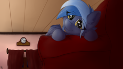 Size: 4768x2668 | Tagged: safe, artist:flapstune, oc, oc only, oc:pixi feather, pegasus, pony, clock, couch, curtains, cute, female, fluffy, looking at you, lying down, mare, pegasus oc, signature, smiling, solo, two toned mane, window, wings