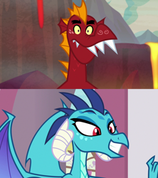 Size: 1280x1440 | Tagged: safe, edit, edited screencap, screencap, garble, princess ember, g4, sweet and smoky, triple threat, comparison, female, male, ship:emble, shipping, shipping domino, smiling, straight