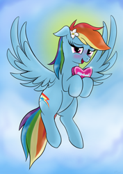 Size: 2480x3508 | Tagged: safe, artist:eels, rainbow dash, pegasus, pony, g4, blushing, cute, dashabetes, flower, flower in hair, flying, hearts and hooves day, high res, implied anon, looking at you, sky, solo, spread wings, wings